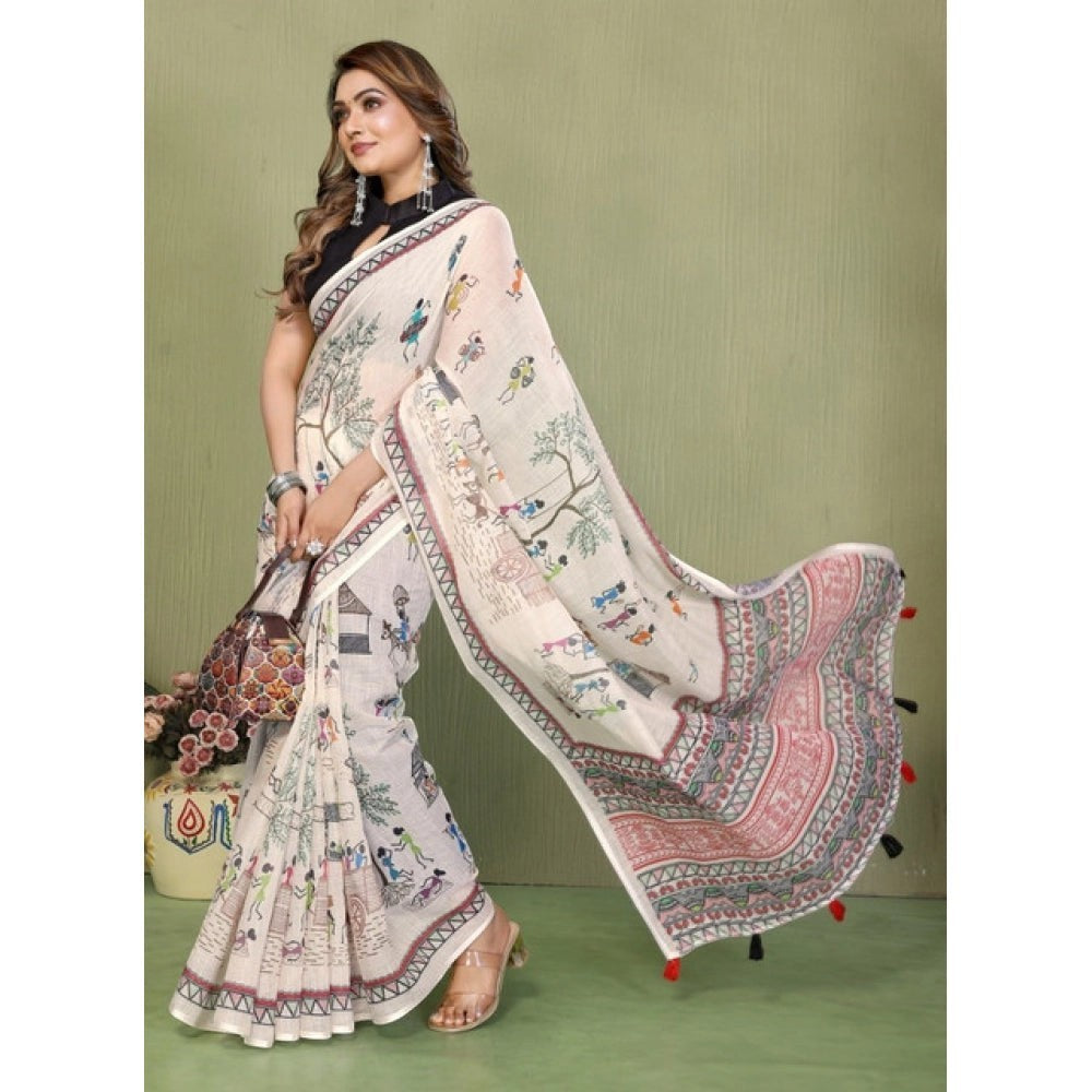 Women's Linen Cotton Printed Saree with Unstitched Blouse Piece | Off White | 5.5M