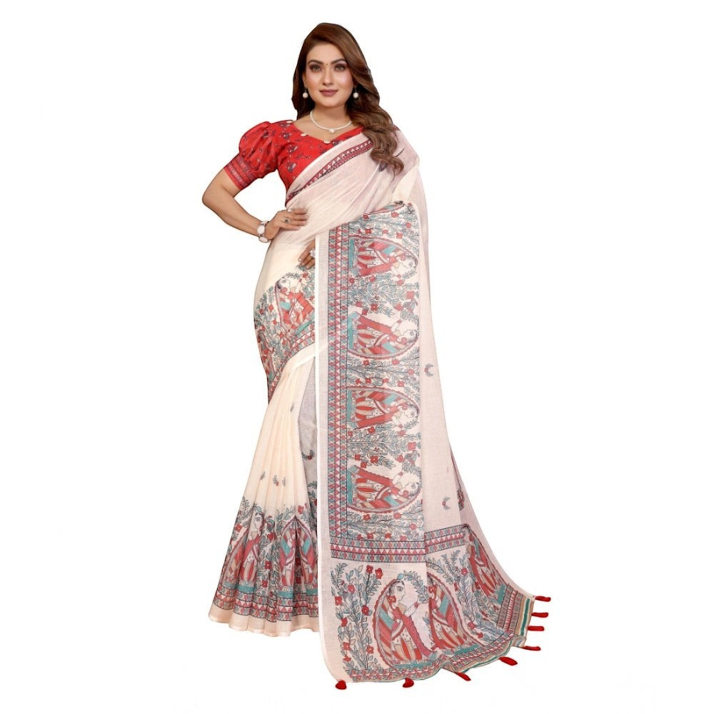 Women's Linen Cotton Printed Saree with Unstitched Blouse Piece | Off White Traditional Ethnic Saree | 5.5 Meter