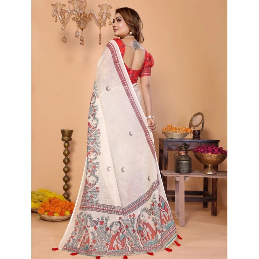 Women's Linen Cotton Printed Saree with Unstitched Blouse Piece | Off White Traditional Ethnic Saree | 5.5 Meter