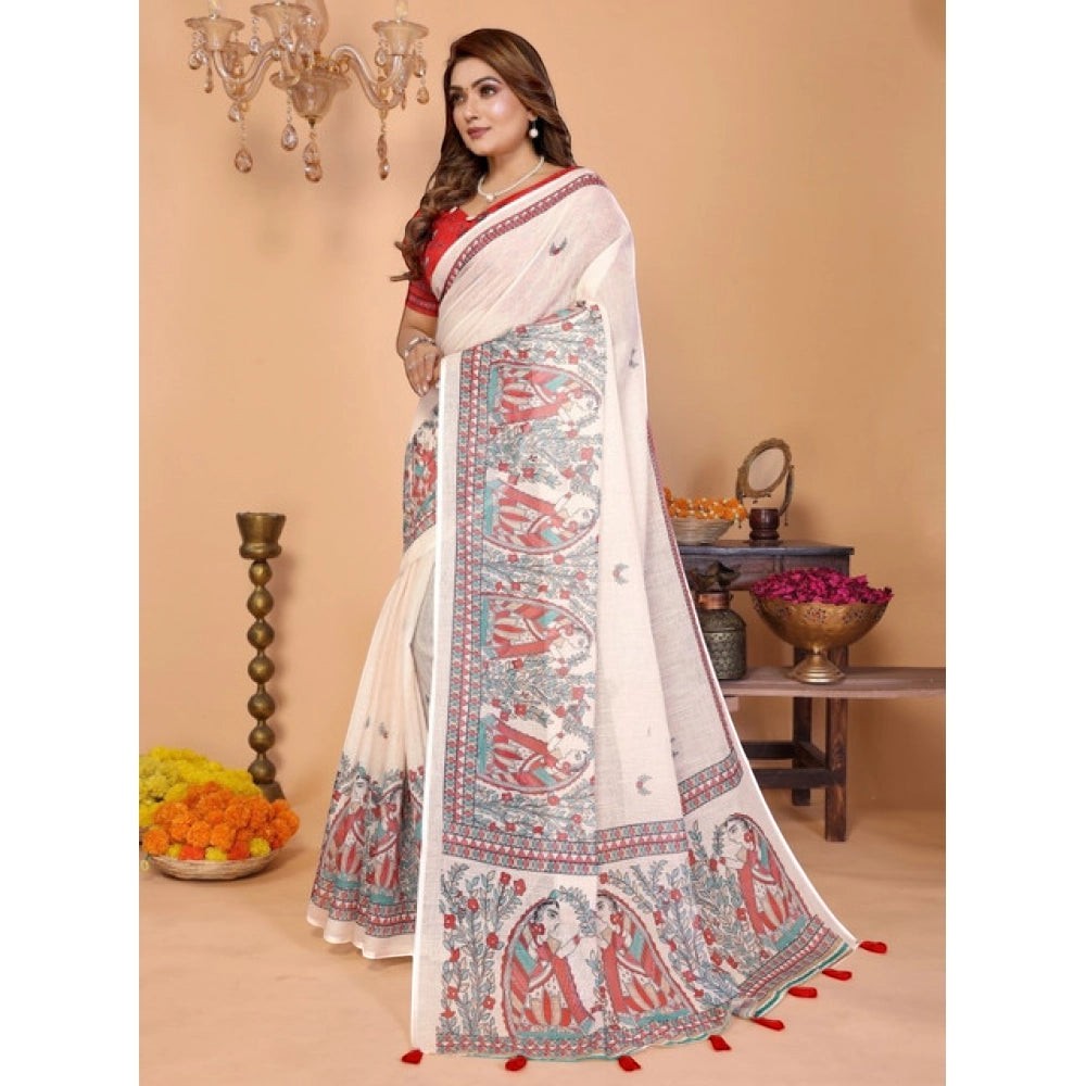 Women's Linen Cotton Printed Saree with Unstitched Blouse Piece | Off White Traditional Ethnic Saree | 5.5 Meter