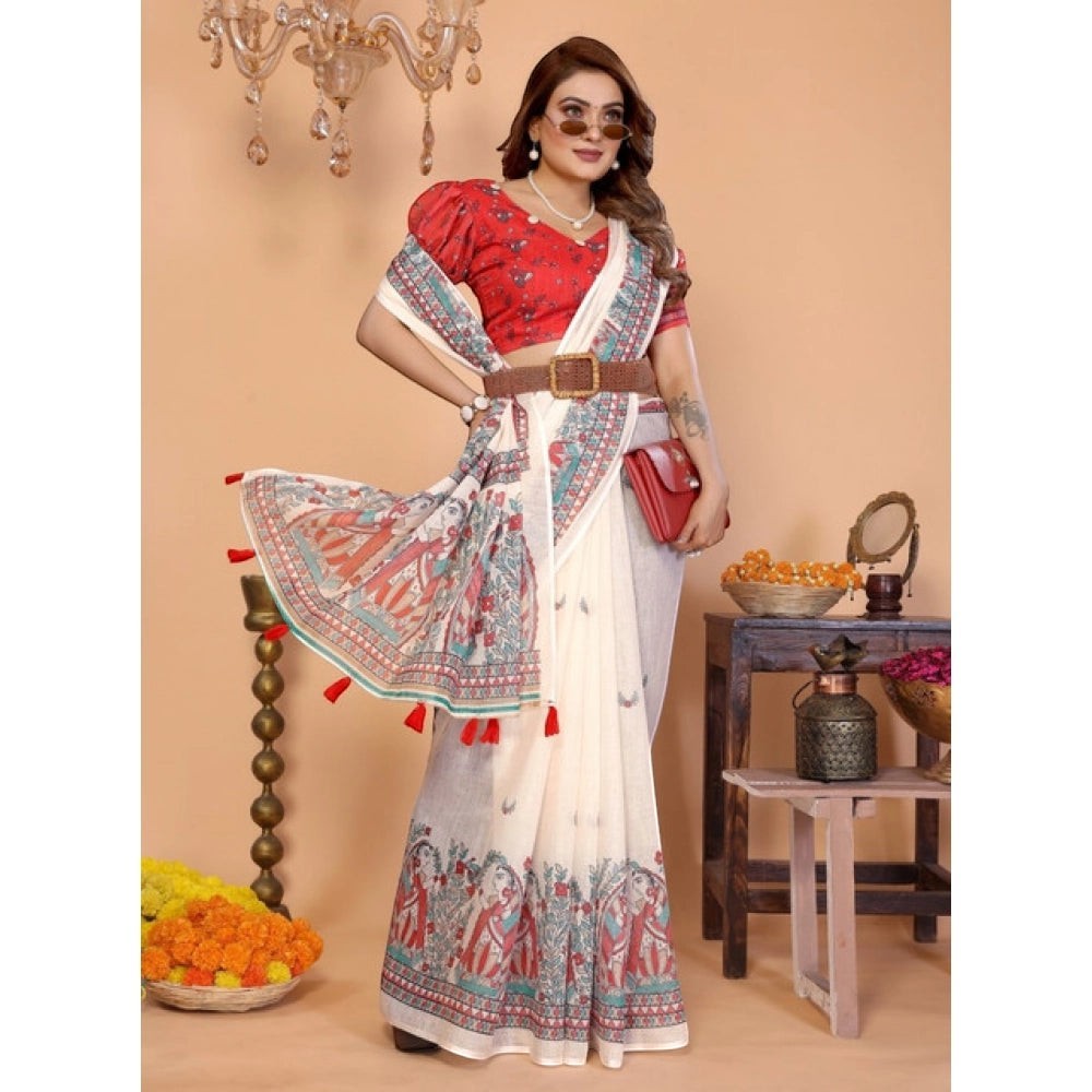 Women's Linen Cotton Printed Saree with Unstitched Blouse Piece | Off White Traditional Ethnic Saree | 5.5 Meter