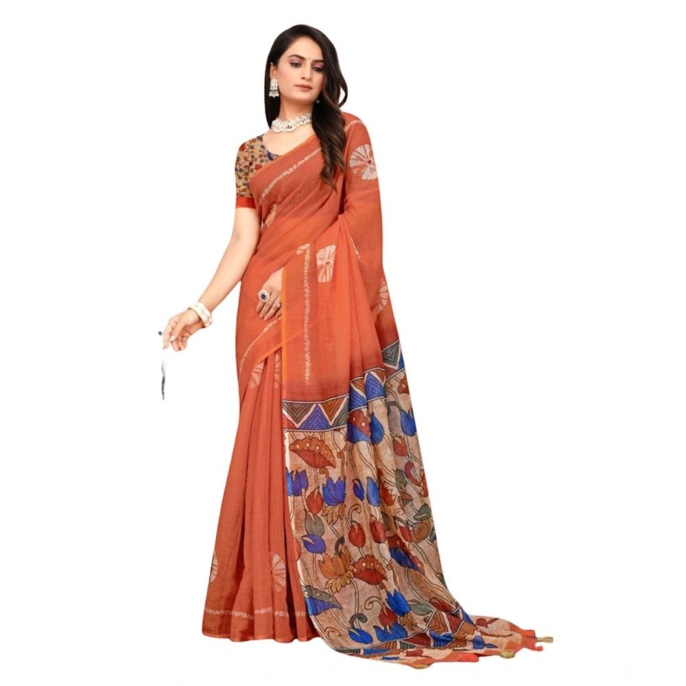 Women's Linen Printed Saree with Unstitched Blouse Piece | Red | 5.5M