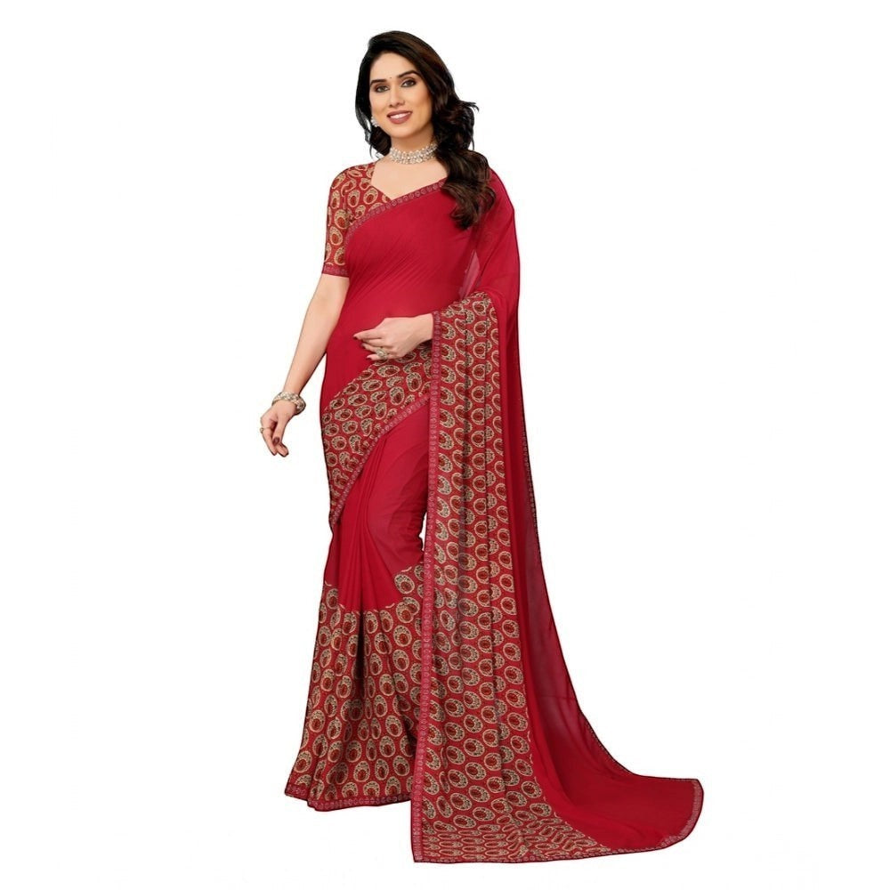 Women's Georgette Printed Saree with Unstitched Blouse Piece | Red | 5.5M