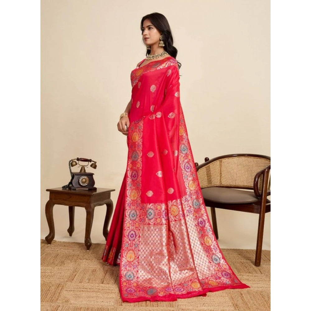 Red Faux Banarasi Silk Woven Saree with Unstitched Blouse | Elegant Party & Festive Wear for Women
