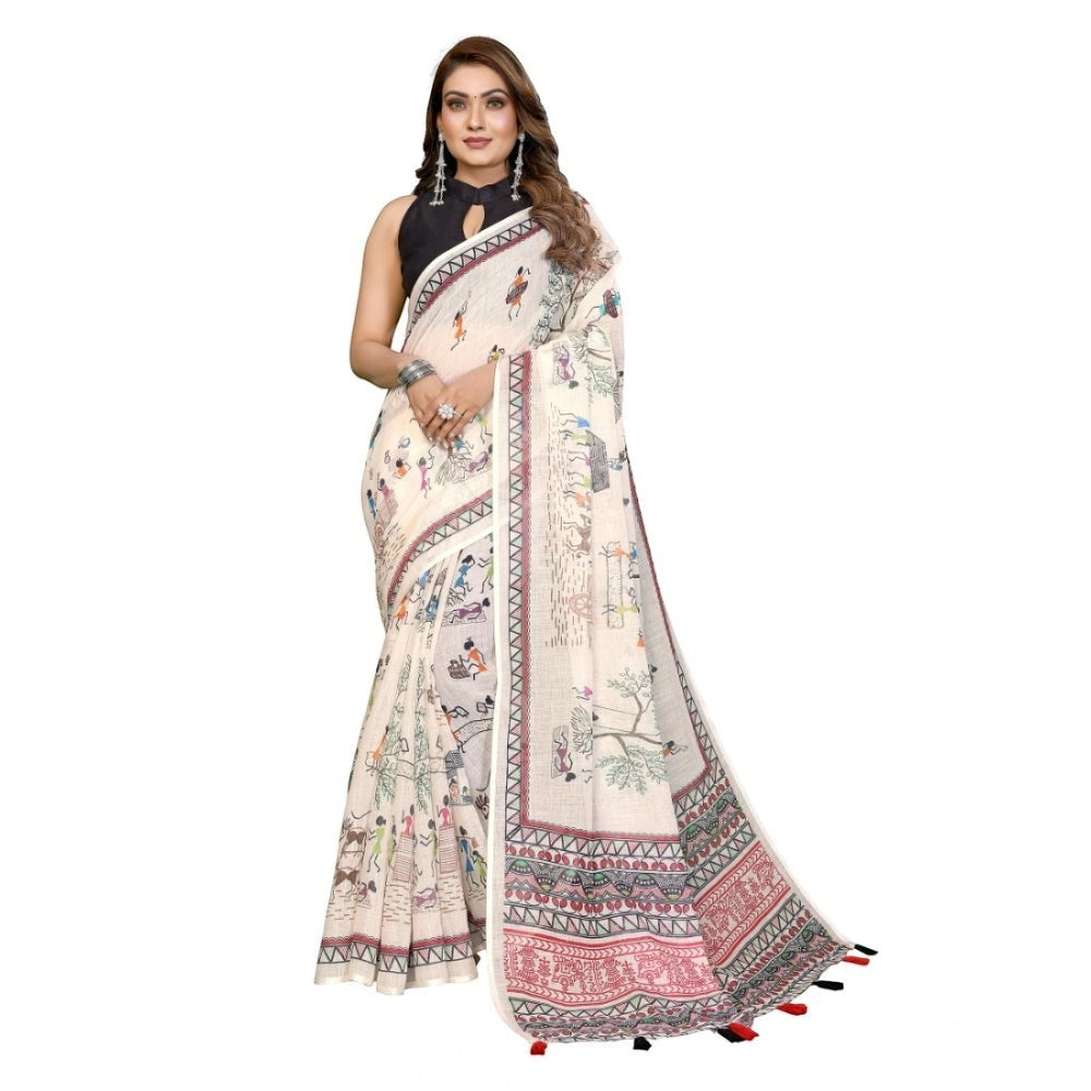 Women's Linen Cotton Printed Saree with Unstitched Blouse Piece | Off White | 5.5M