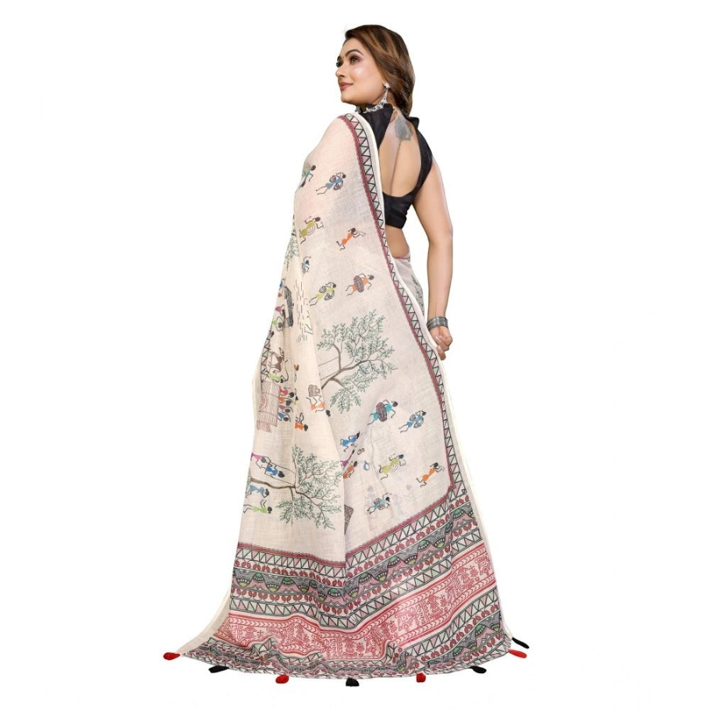 Women's Linen Cotton Printed Saree with Unstitched Blouse Piece | Off White | 5.5M
