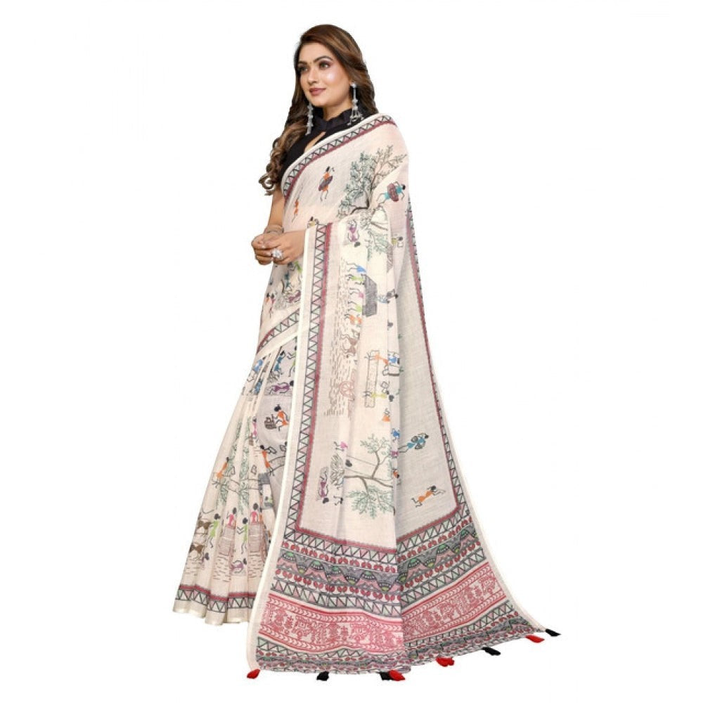Women's Linen Cotton Printed Saree with Unstitched Blouse Piece | Off White | 5.5M