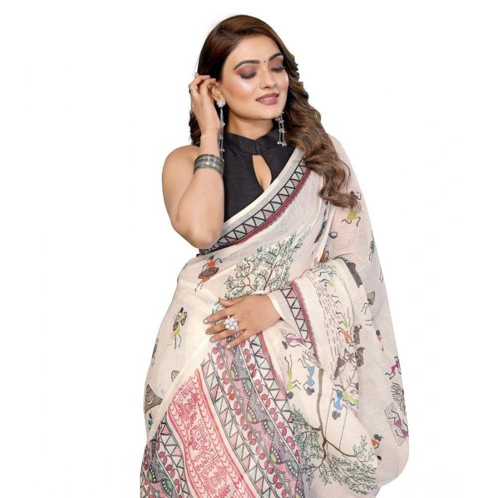 Women's Linen Cotton Printed Saree with Unstitched Blouse Piece | Off White | 5.5M
