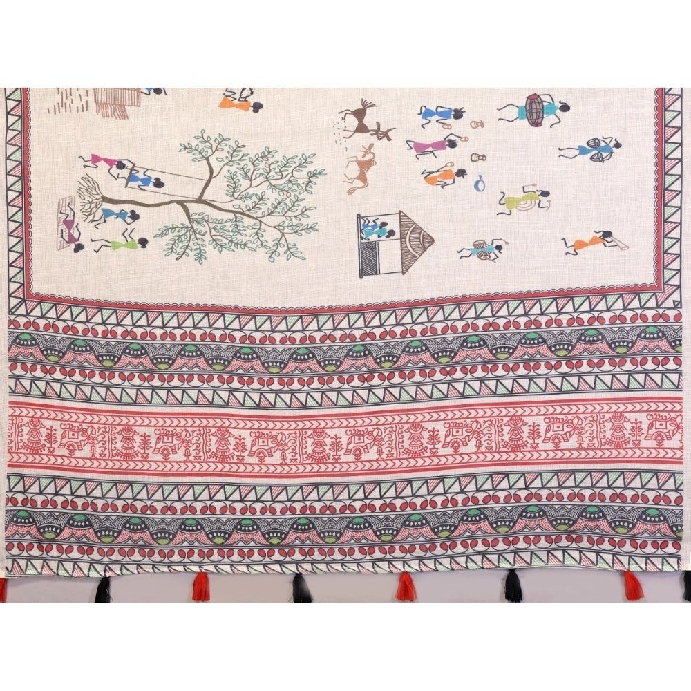 Women's Linen Cotton Printed Saree with Unstitched Blouse Piece | Off White | 5.5M