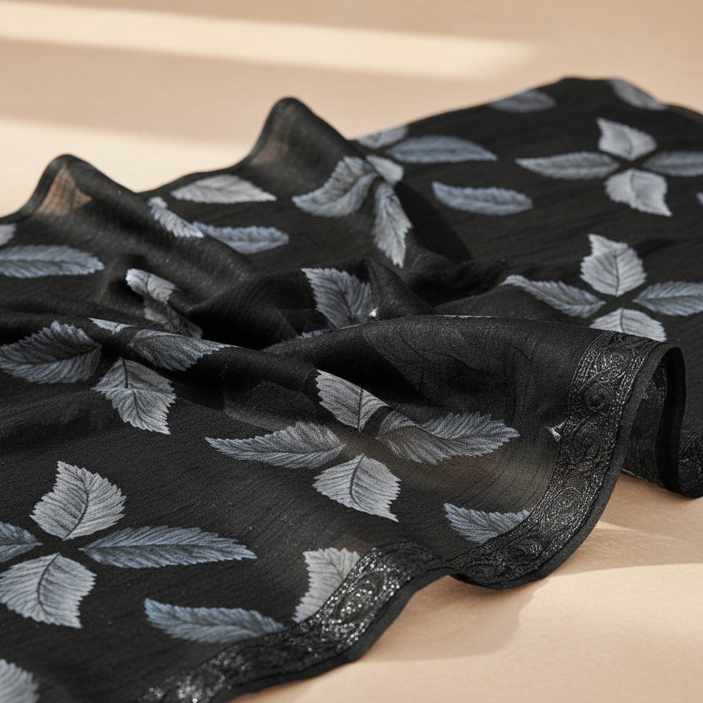 AANCHAL women's black chiffon saree with a grey leaf print and unstitched blouse. Elegant drape.