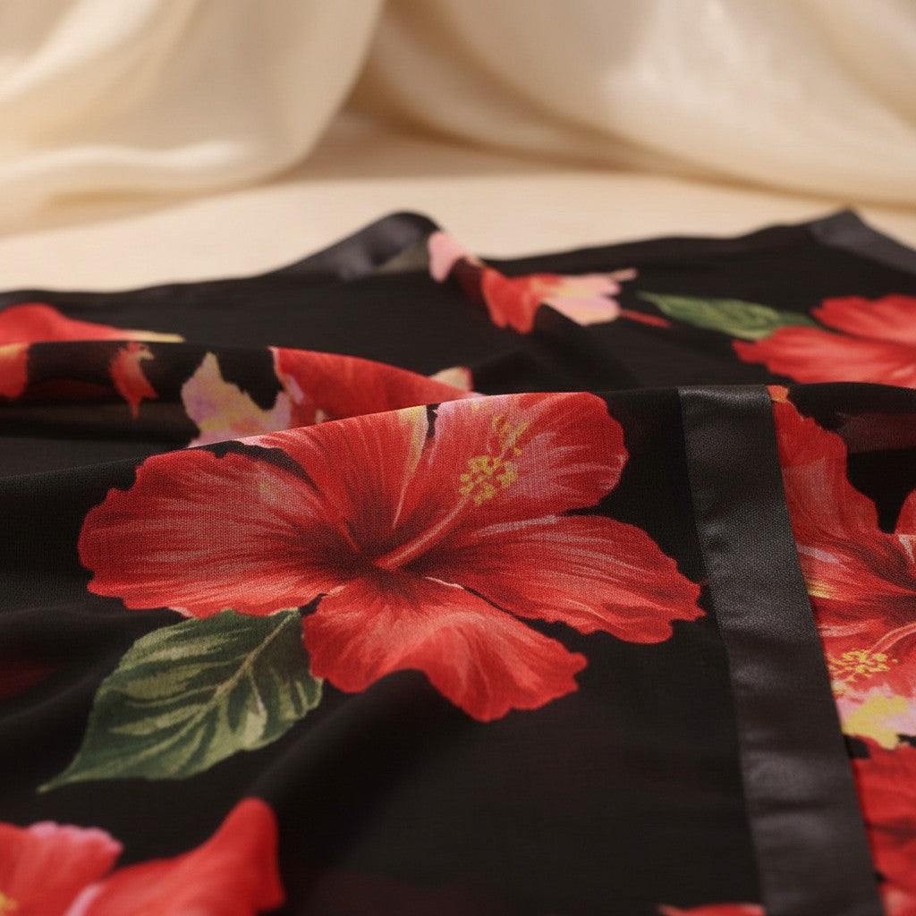 AANCHAL black georgette ready-to-wear saree with bold red and pink floral print. Lightweight fabric with a matching blouse piece.