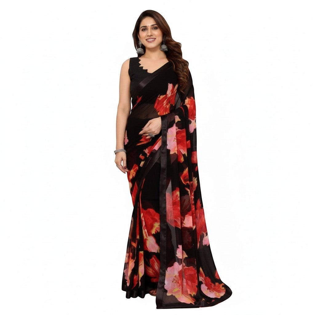 AANCHAL black georgette ready-to-wear saree with a bold red and pink floral print. Features a V-neck blouse and elegant drape.