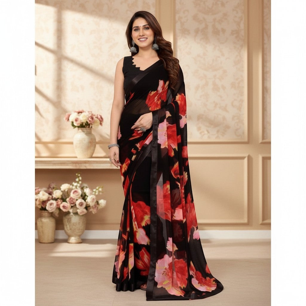 AANCHAL black georgette ready-to-wear saree with a bold red and pink floral print. Features a sleeveless blouse and elegant drape.