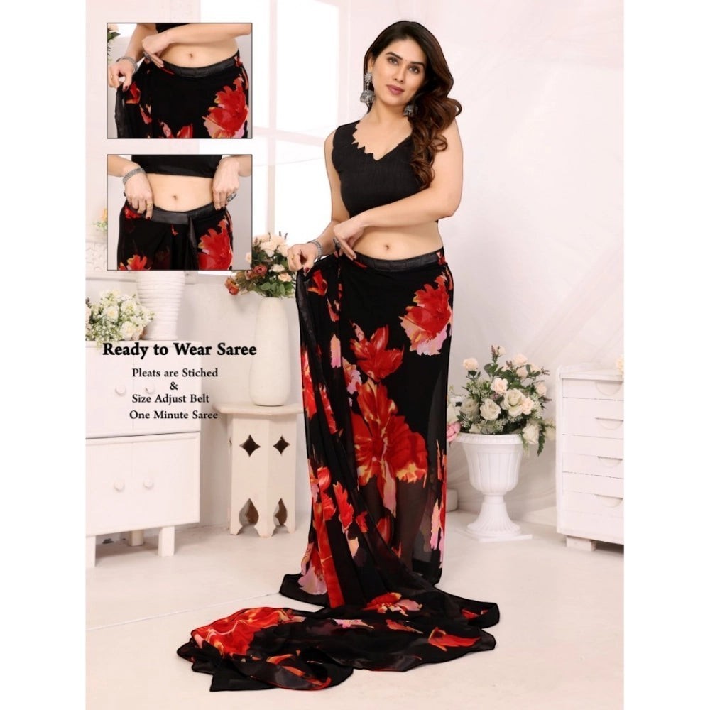AANCHAL black georgette ready-to-wear saree with a bold red floral print. Features a stitched pleat and adjustable belt for easy wear.