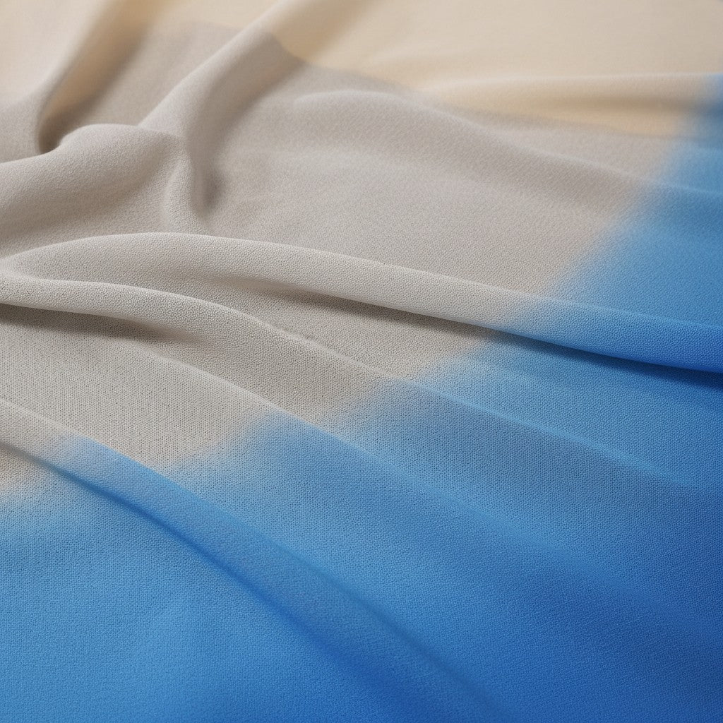 AANCHAL grey and blue georgette ready-to-wear saree with a flowing drape and unstitched blouse piece.