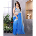 AANCHAL blue and grey georgette ready-to-wear saree with a gradient ombre effect, perfect for parties and festive occasions.