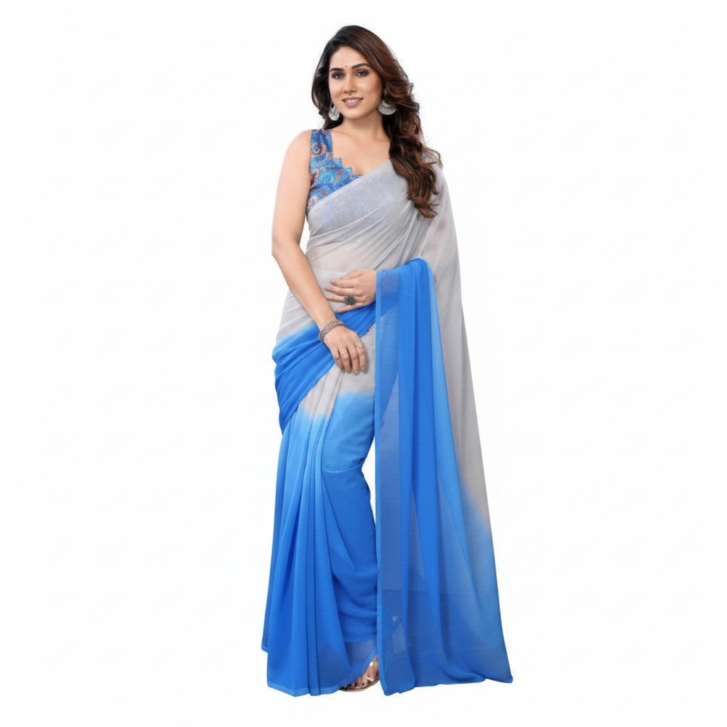 AANCHAL grey and blue georgette ready-to-wear saree with a flowing drape and unstitched blouse piece.