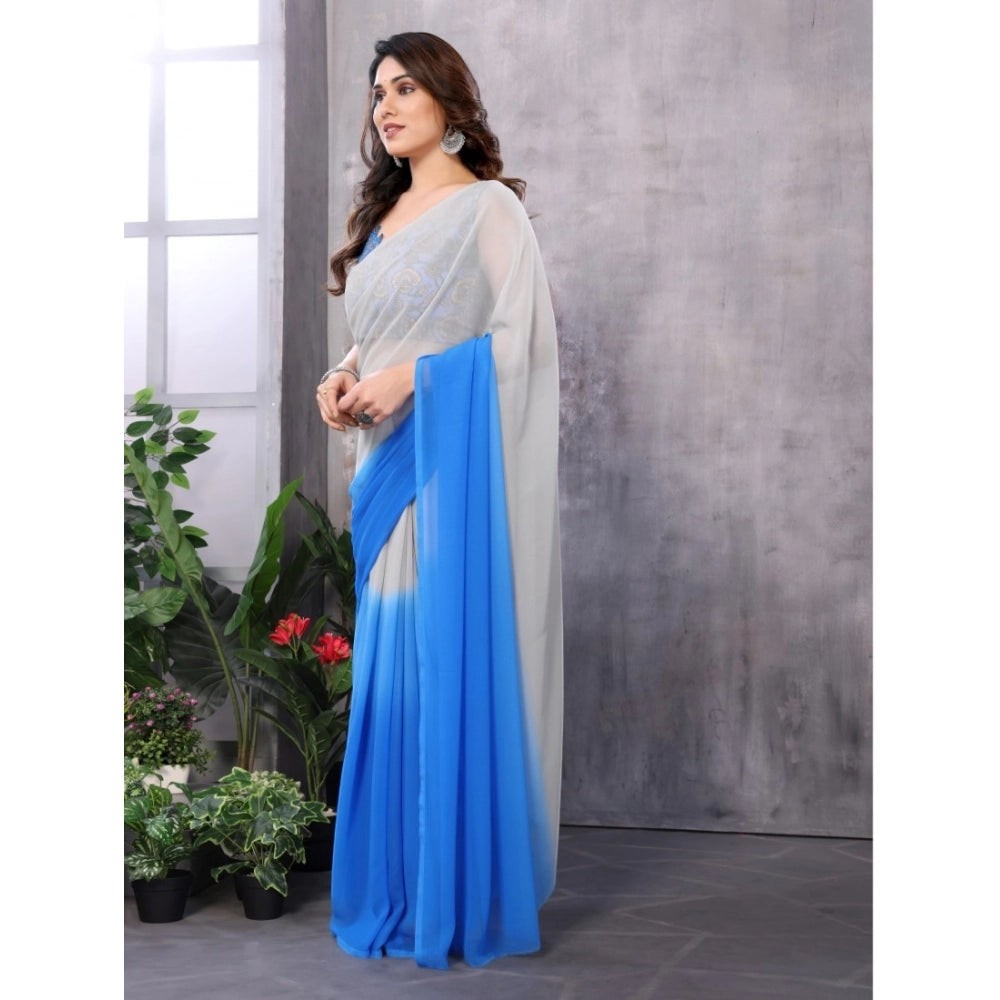 AANCHAL grey and blue georgette ready-to-wear saree with a flowing drape, perfect for festive occasions.