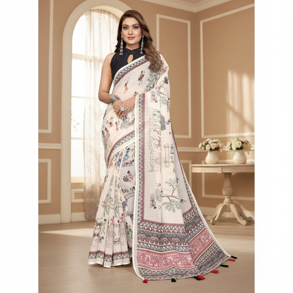 AANCHAL off white linen cotton saree with a printed village scene and geometric border. Includes unstitched blouse.