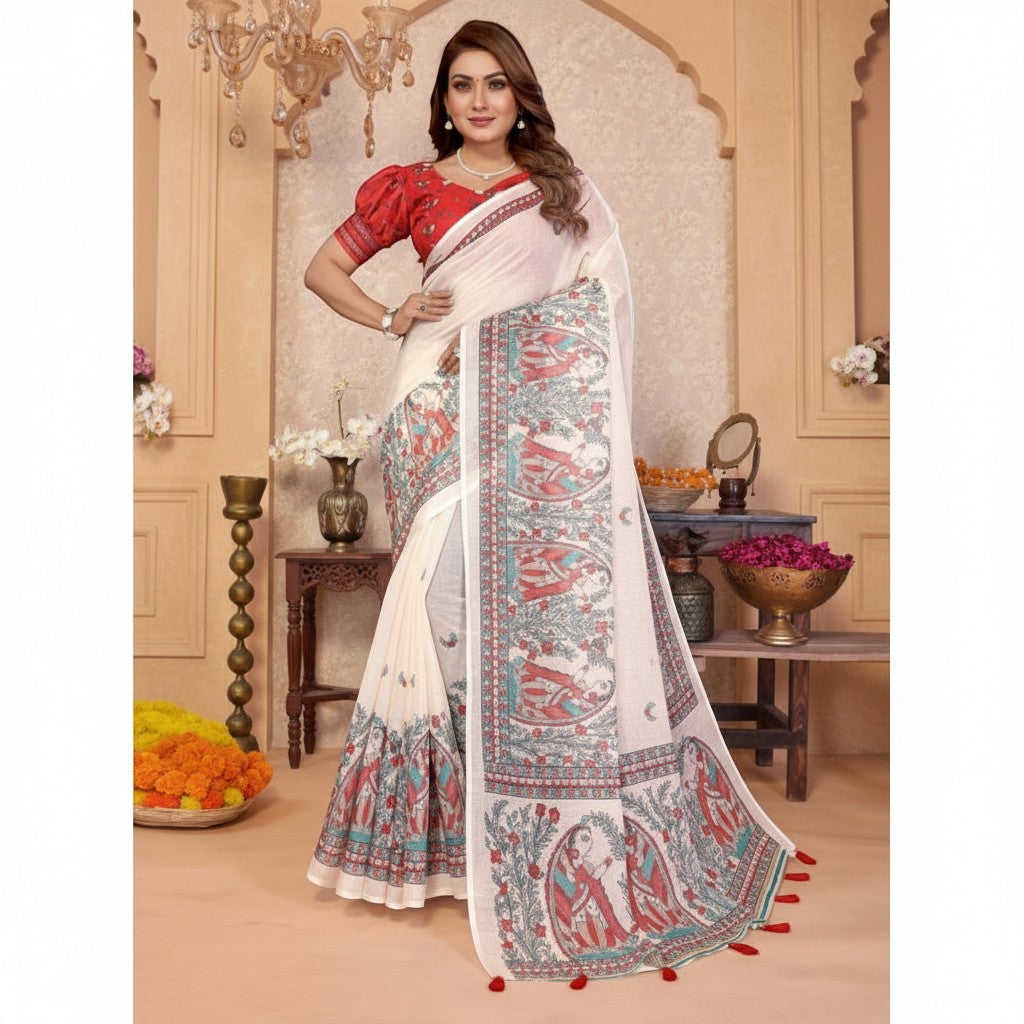 AANCHAL off-white linen cotton saree with red and blue printed motifs and tassels. Features a red puff-sleeve blouse.