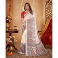 AANCHAL off white linen cotton saree with red and blue printed motifs and tassels. Includes unstitched blouse.