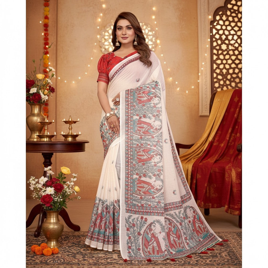 AANCHAL off white linen cotton saree with red and blue printed motifs and tassels. Includes unstitched blouse.