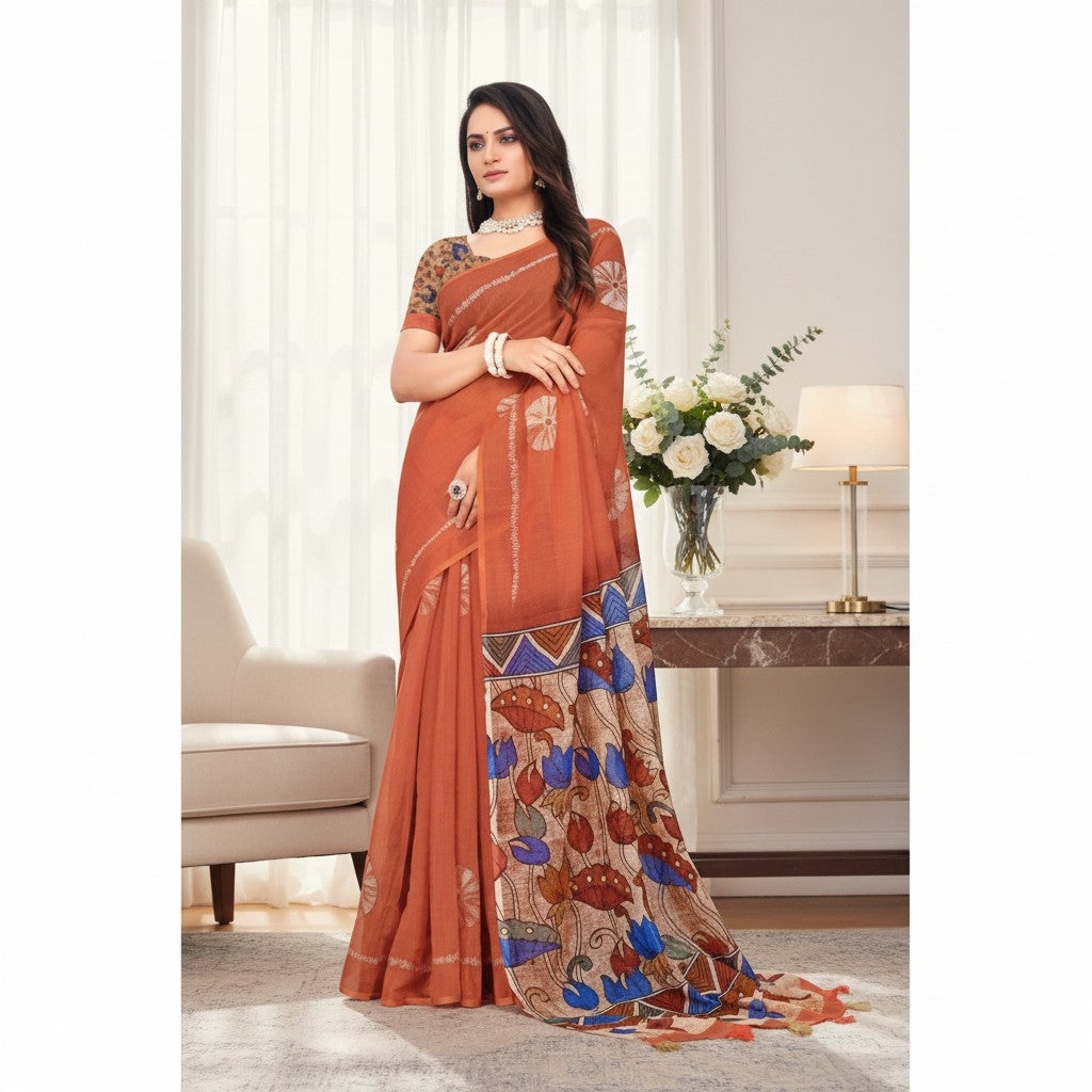 AANCHAL women's rust orange linen printed saree with floral border and unstitched blouse. 5.5Mtr.