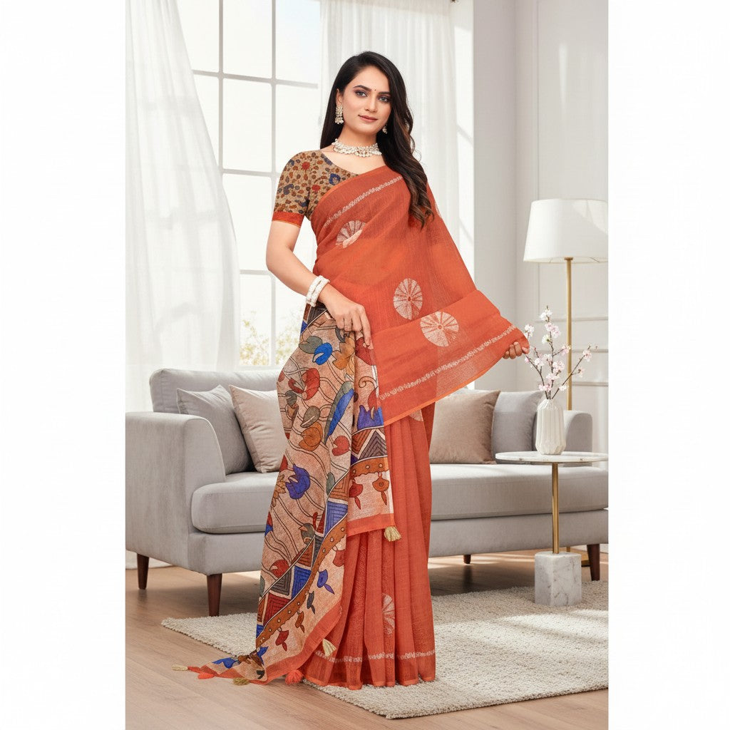 AANCHAL women's orange linen printed saree with a contrasting multi-colored border and unstitched blouse. Features circular motifs.