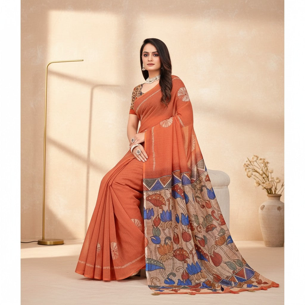 AANCHAL women's orange linen printed saree with a floral border and unstitched blouse. The saree has a subtle white pattern.