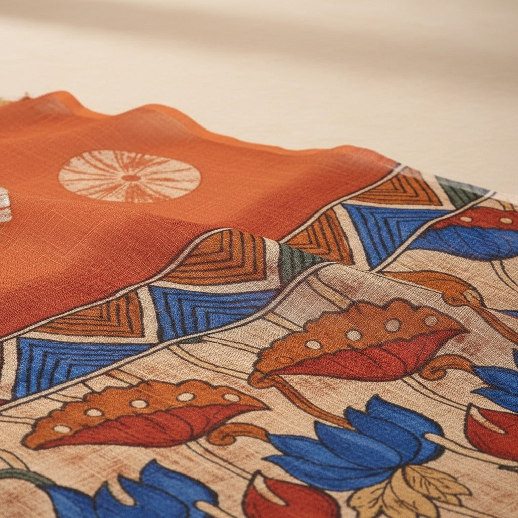 AANCHAL women's orange linen printed saree with a floral border and unstitched blouse. The saree has a subtle white pattern.
