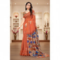 AANCHAL women's orange linen printed saree with a floral border and unstitched blouse.