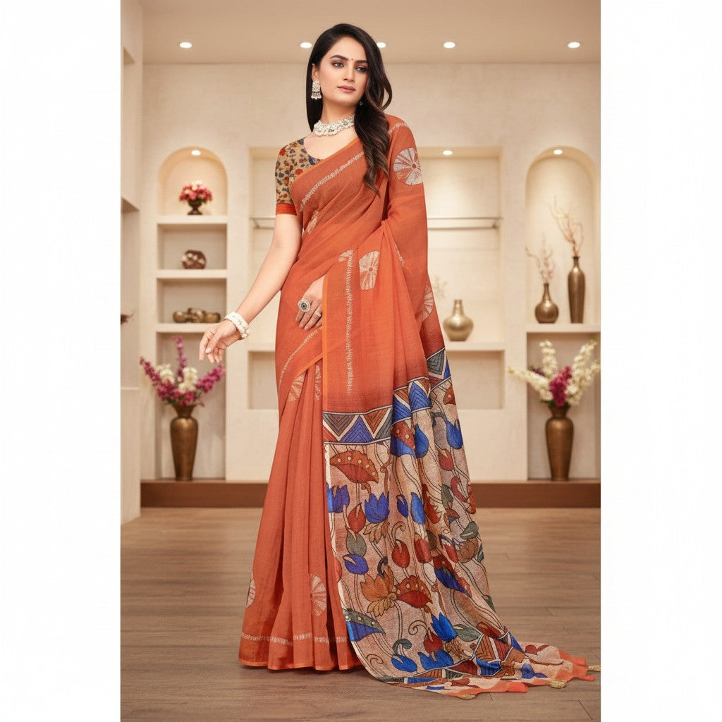 AANCHAL women's orange linen printed saree with a floral border and unstitched blouse.