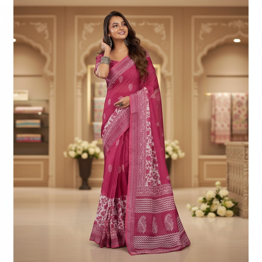 AANCHAL pink faux linen ready-to-wear saree with white floral print and decorative border. Lightweight and elegant for festive occasions.