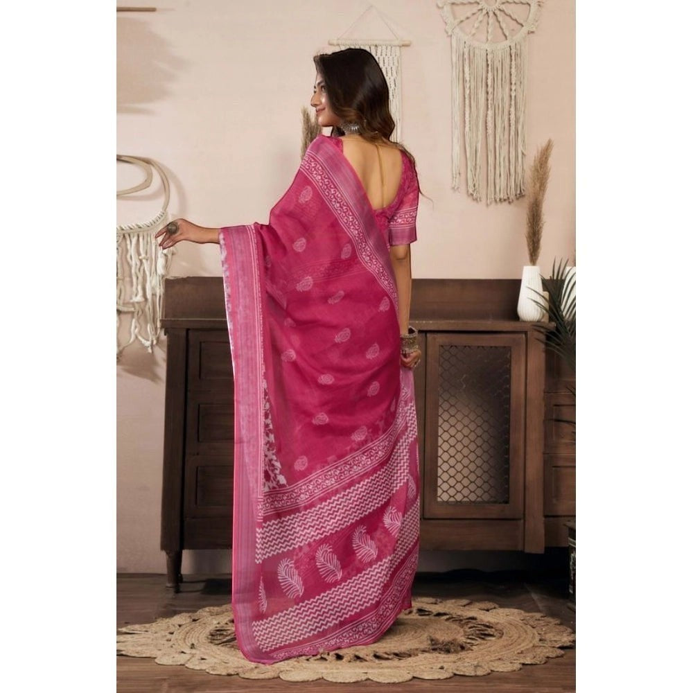 AANCHAL pink faux linen ready-to-wear saree with white floral print and decorative border. Model shown from side.