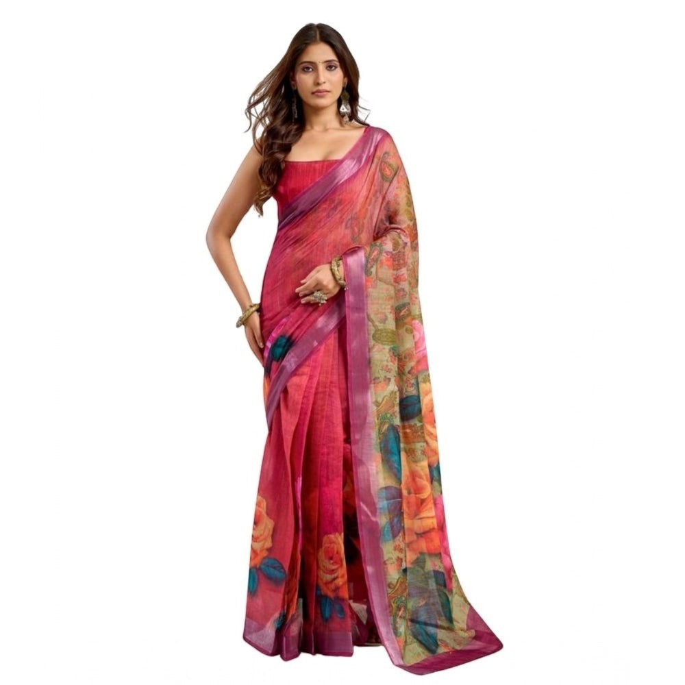 AANCHAL pink faux linen ready-to-wear saree with a vibrant floral print and purple border. Model wears it with bangles.