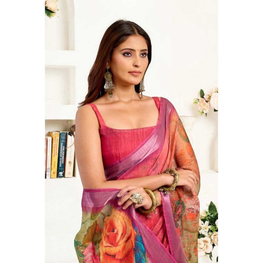 AANCHAL pink faux linen ready-to-wear saree with a vibrant floral print and metallic border. Model wears traditional jewelry.