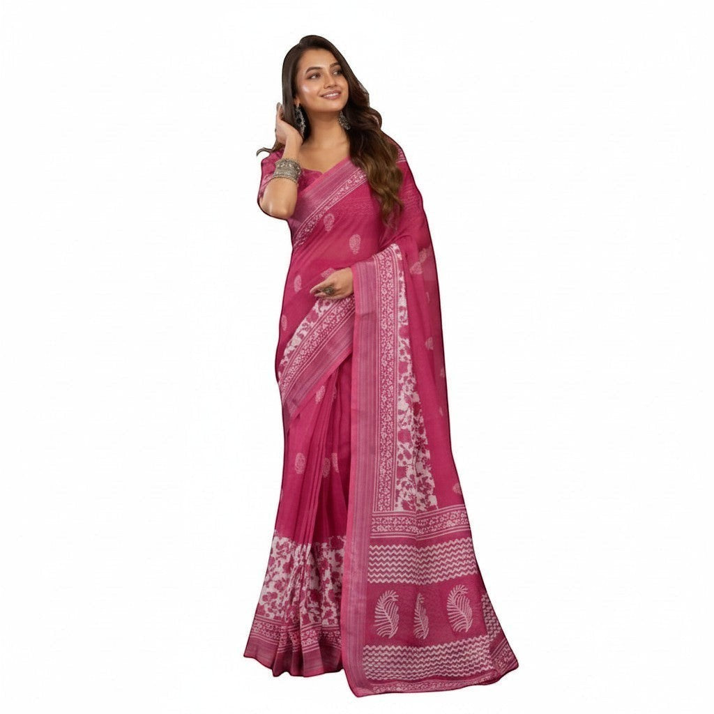 AANCHAL pink faux linen ready-to-wear saree with white floral print and decorative border. Model is wearing a matching blouse.