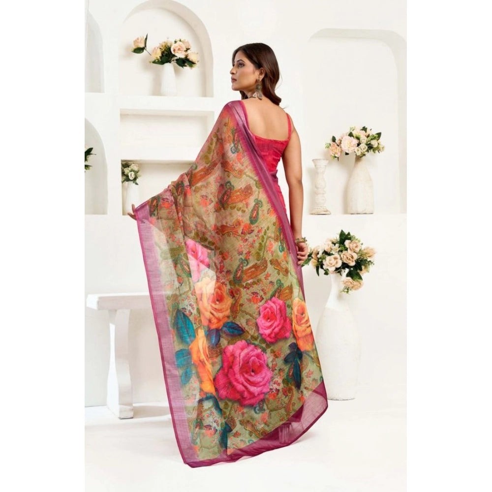 AANCHAL pink faux linen ready-to-wear saree with a vibrant floral print and paisley motifs. Features a pink border.