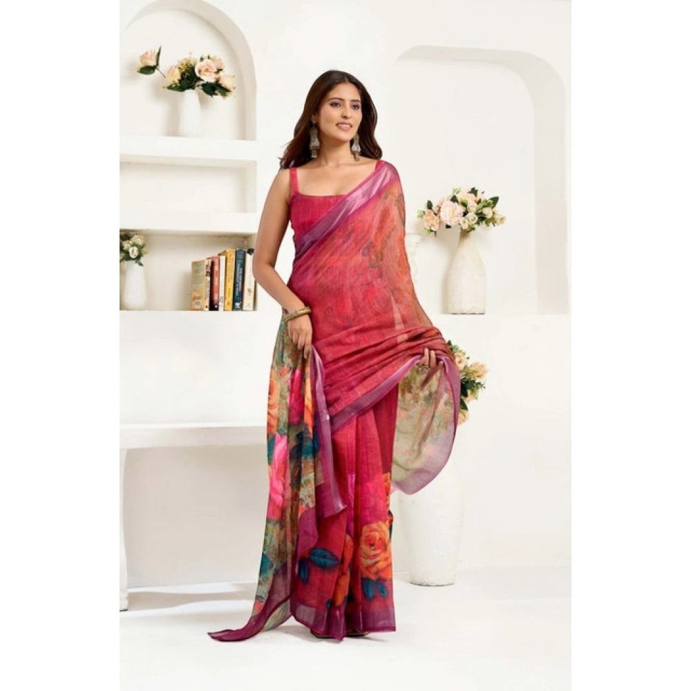 AANCHAL pink faux linen ready-to-wear saree with a vibrant floral print and purple border. Model wears a sleeveless blouse.