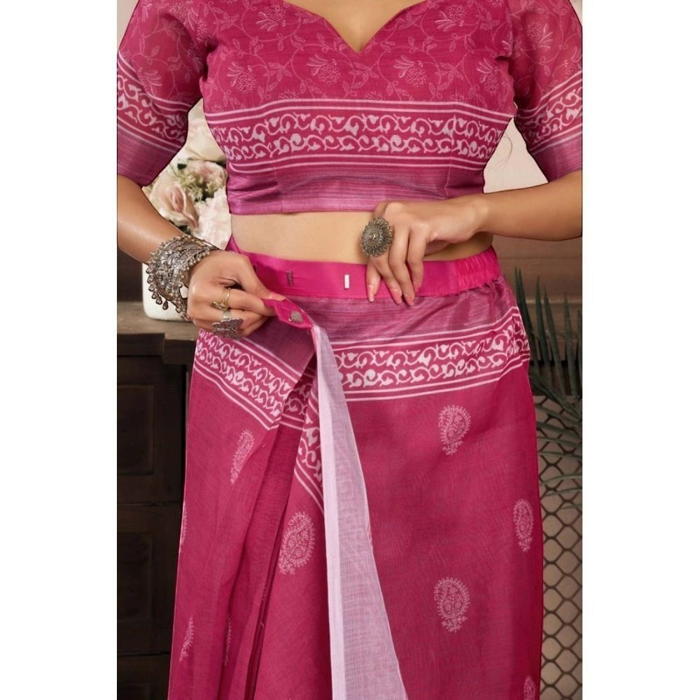 AANCHAL pink faux linen ready-to-wear saree with white floral print. The saree has a comfortable elastic waistband and includes an unstitched blouse piece.