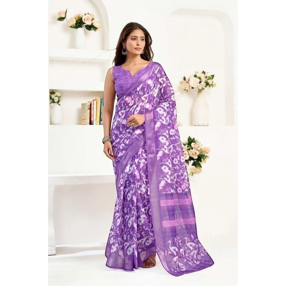 AANCHAL purple faux linen ready-to-wear saree with a white floral and bird print. The saree has a border and is worn by a woman.