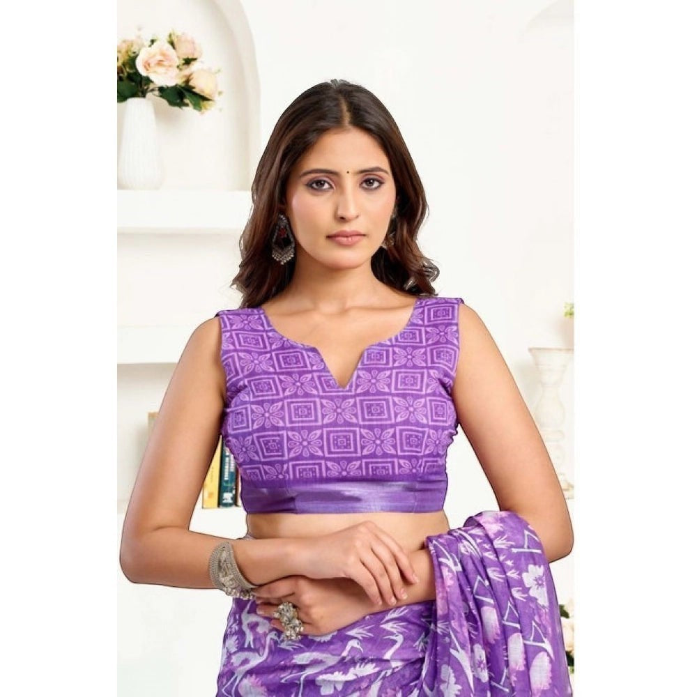 AANCHAL purple faux linen ready-to-wear saree with floral print and matching sleeveless blouse. Elegant ethnic wear.