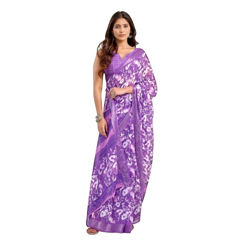 AANCHAL purple faux linen ready-to-wear saree with white floral print and a matching unstitched blouse piece.