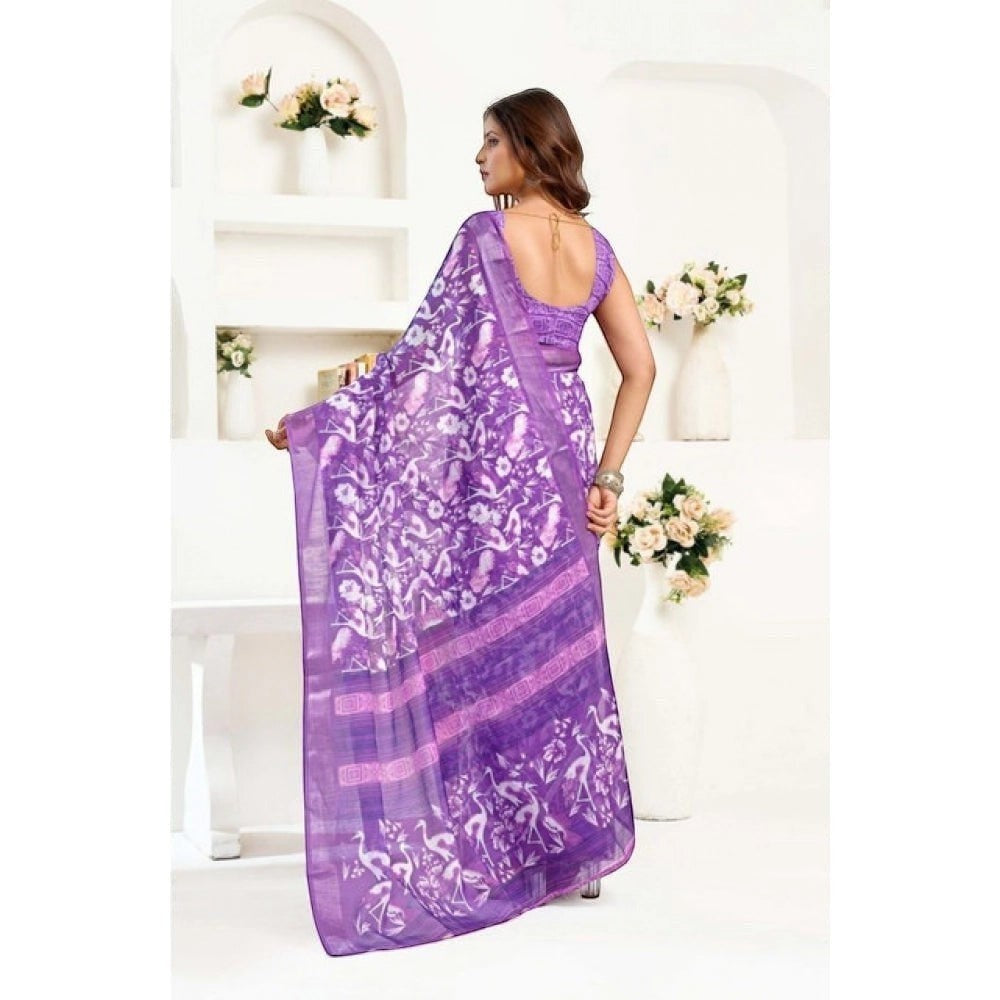 AANCHAL purple faux linen ready-to-wear saree with white floral and bird print. Lightweight and breathable.