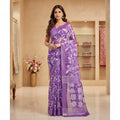 AANCHAL purple faux linen ready-to-wear saree with white floral print and a matching unstitched blouse piece. The saree has a border with geometric patterns.