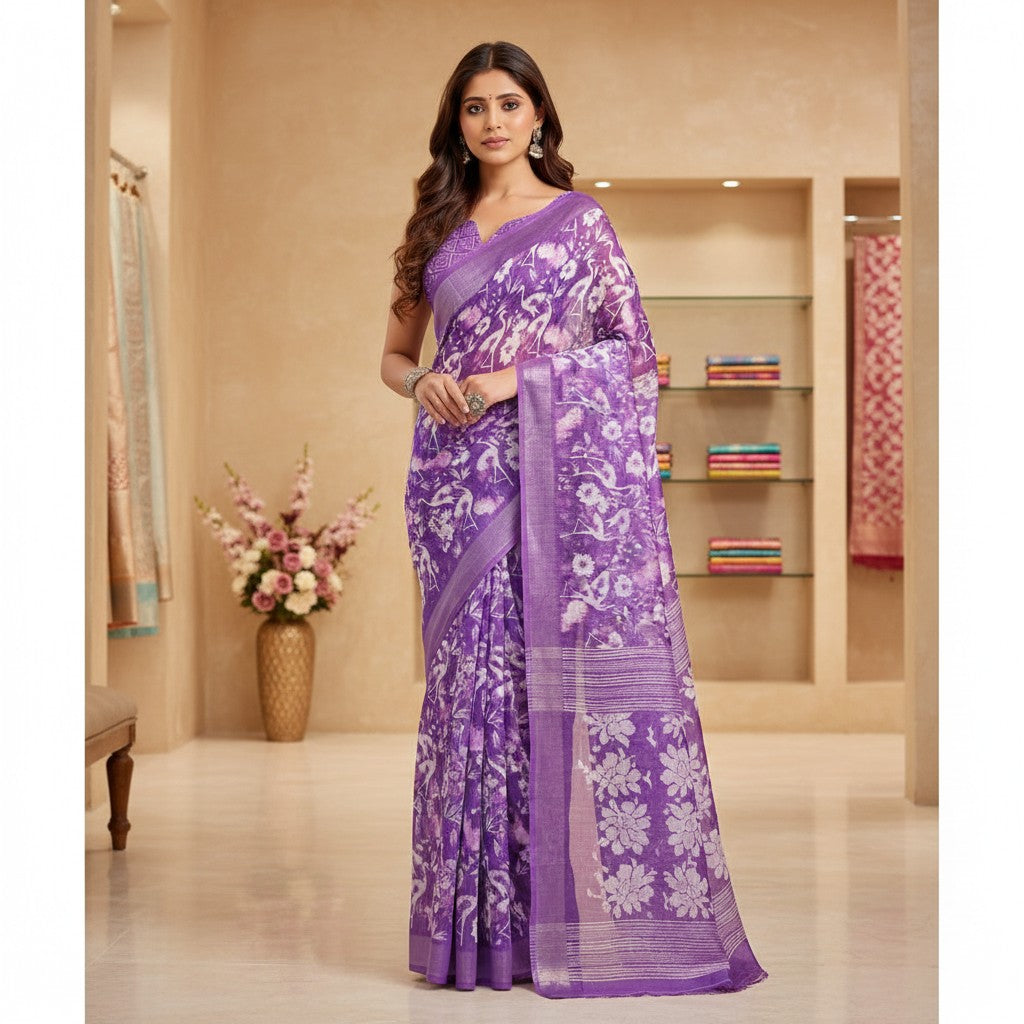 AANCHAL purple faux linen ready-to-wear saree with white floral print and a matching unstitched blouse piece. The saree has a border with geometric patterns.