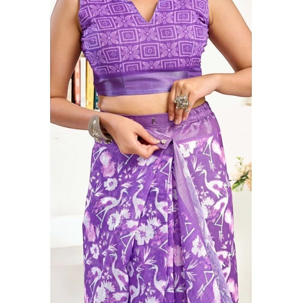AANCHAL purple faux linen ready-to-wear saree with white crane and floral print. Sleeveless blouse with geometric pattern.