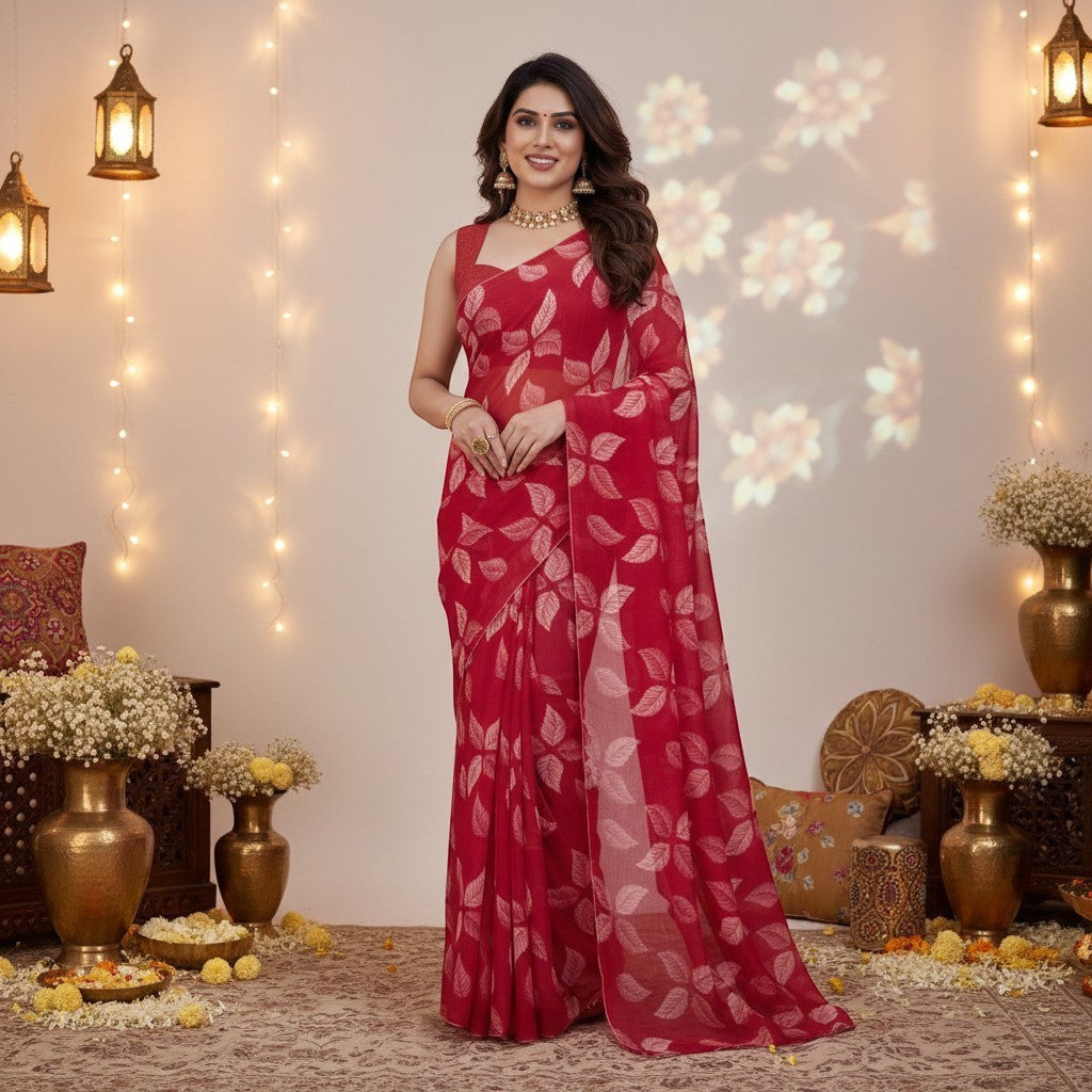 AANCHAL red chiffon saree with white leaf print and unstitched blouse. A woman models the 5.5Mtr saree.