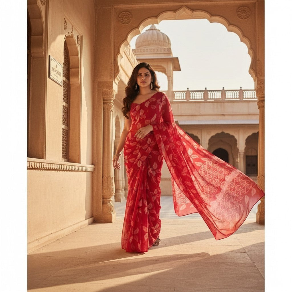 AANCHAL red chiffon saree with a delicate leaf print and unstitched blouse. A woman sits on a bench.