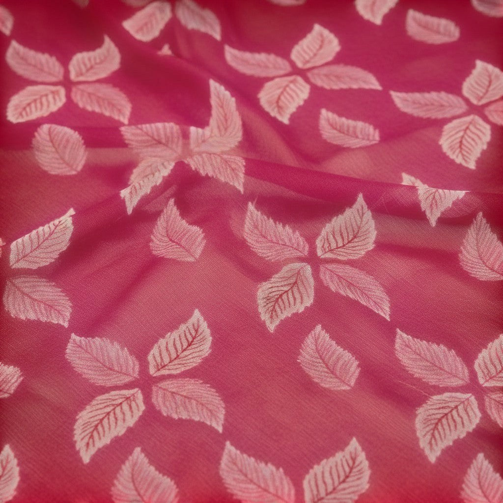 AANCHAL red chiffon saree with white leaf print and unstitched blouse. 5.5Mtr.